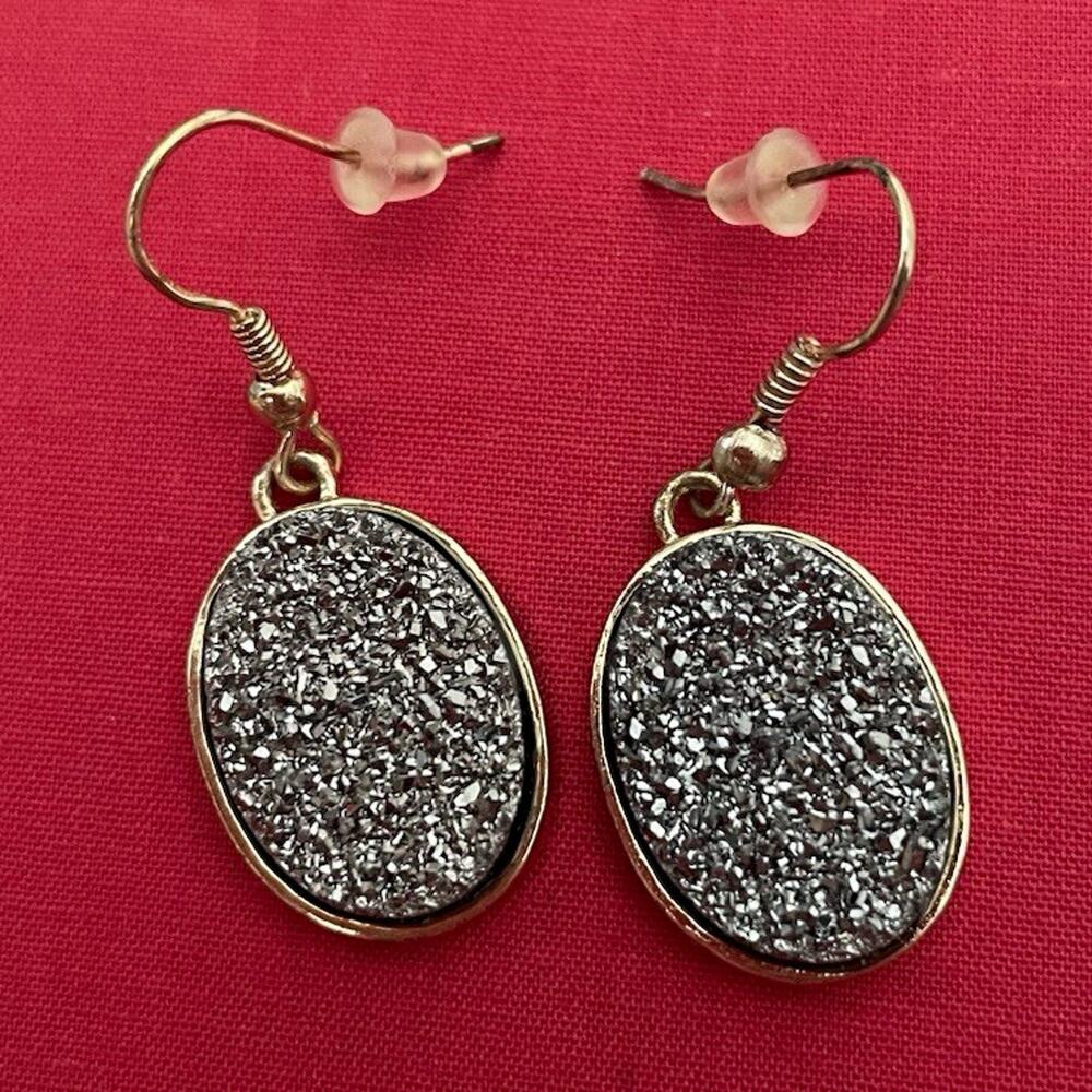Druzy Earrings Teardrops Bezel Oval Drops Gold Tone Dangle